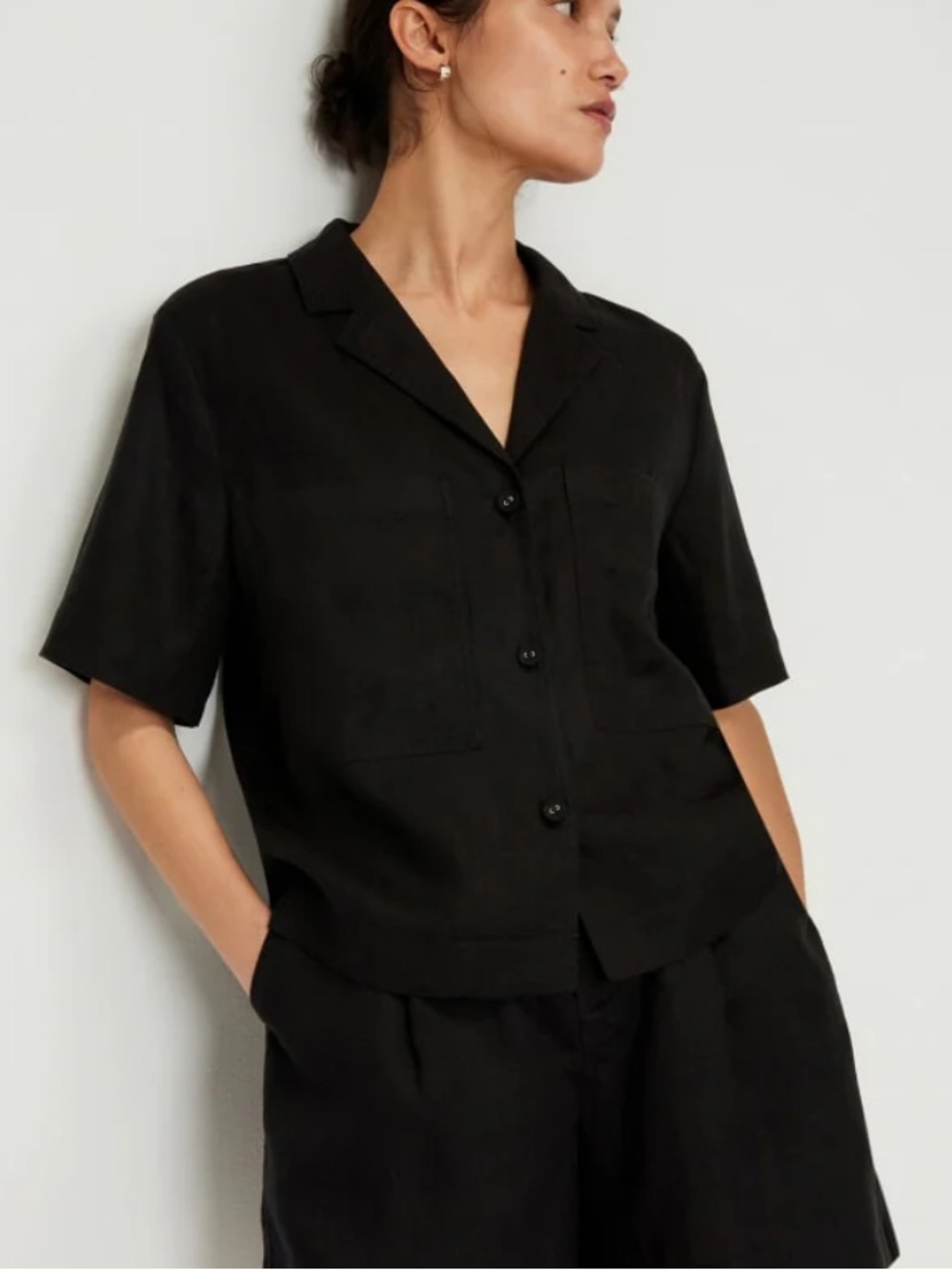 Everlane The Linen Workwear Shirt, Black Linen Button Down Shirt, Size L